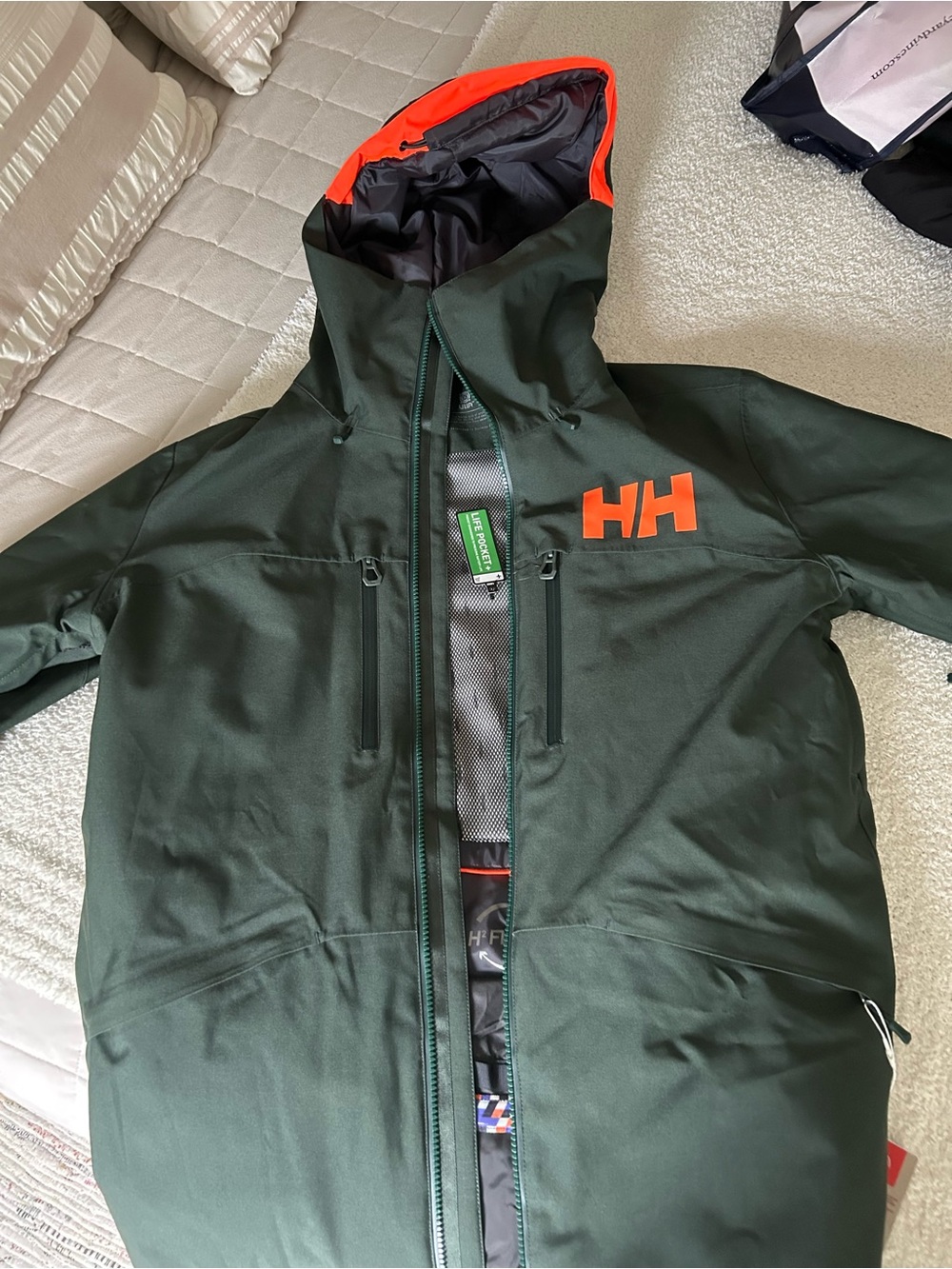 Helly Hansen Men’s Dark Green Raincoat with Orange Hood Trim - Girabaldi 2.0